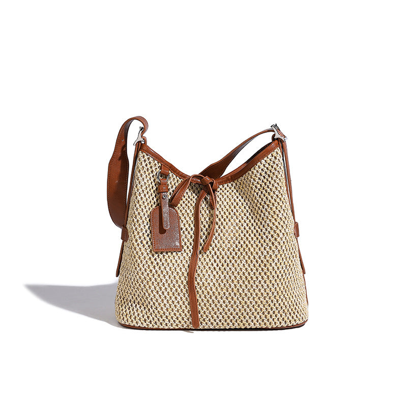 Beaira Leisure vacation style hollow woven straw bucket bag new splicing large capacity single shoulder tote beach bag