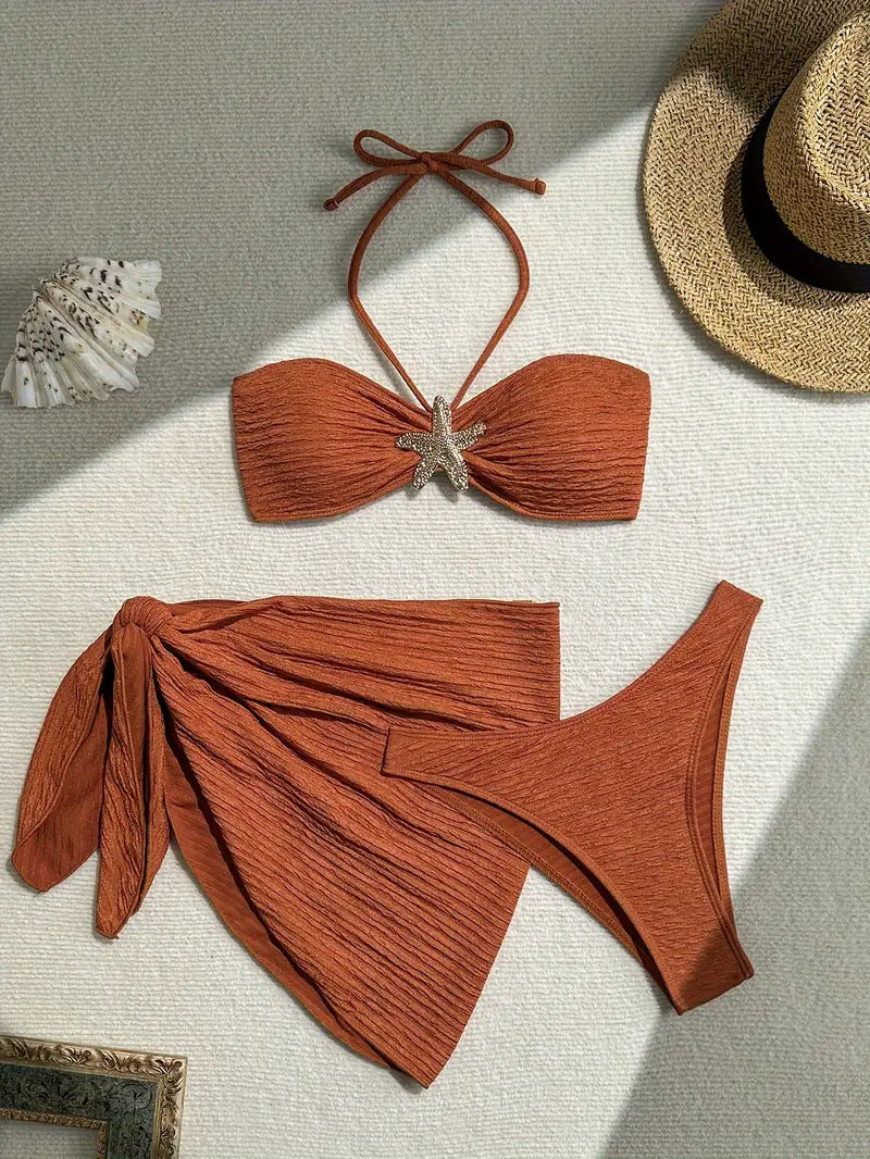 Beaira European and American new bikini solid color swimsuit three piece strapless beach skirt cross-border bikini women