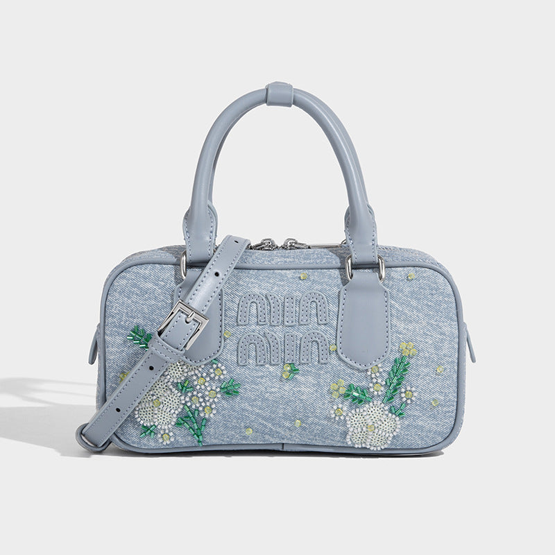Beaira Internet celebrity's embroidered denim tote bag women's new style handbag fashionable and high-end single shoulder crossbody bag