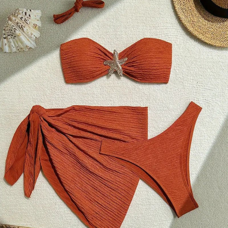 Beaira European and American new bikini solid color swimsuit three piece strapless beach skirt cross-border bikini women