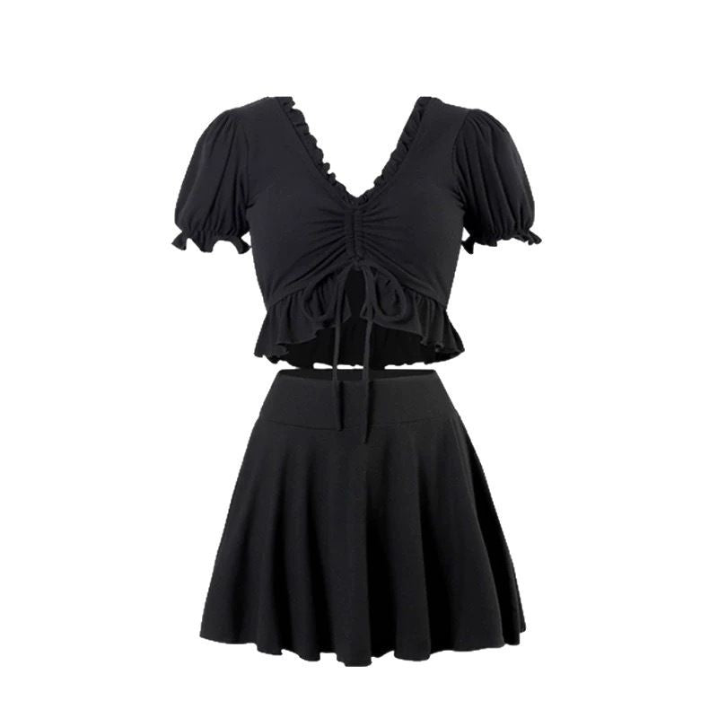 Beaira Female conservative swimsuit new Korean ins style split skirt style covers the belly to show off thinness student small chest gathered black swimsuit
