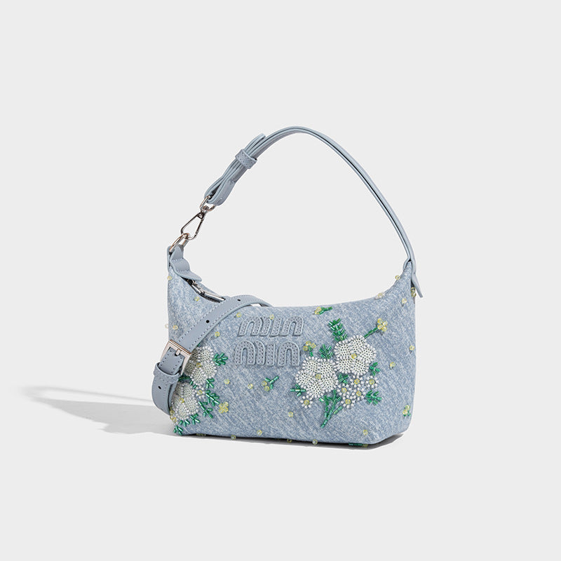 Beaira Niche Chinese style nail bead flower embroidery hand-held dumpling bag new denim casual versatile single shoulder crossbody bag