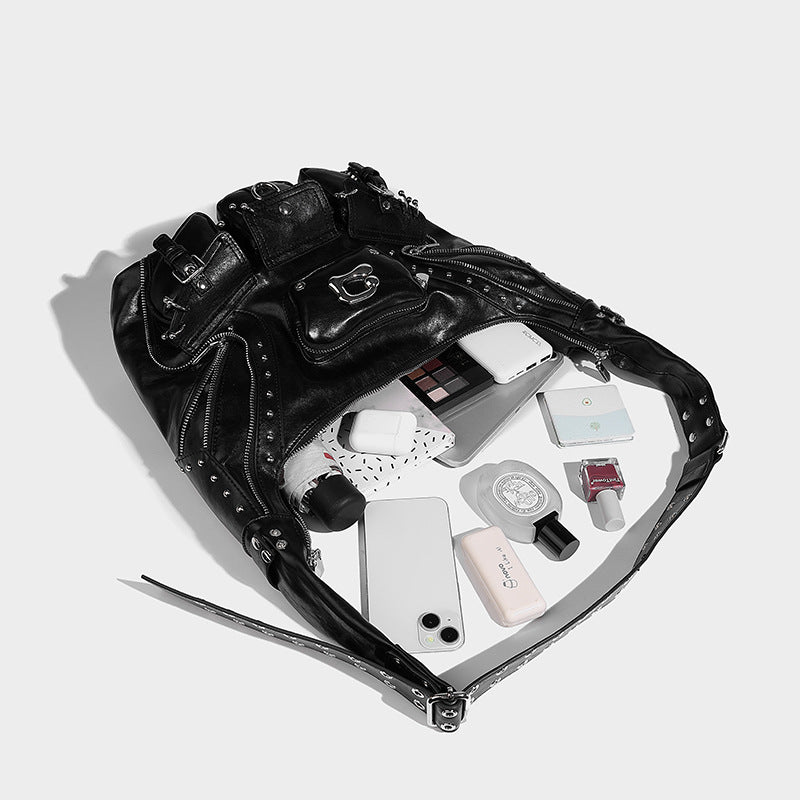 Beaira Sweet Cool Spicy Girl Fashion Versatile Single Shoulder Underarm Motorcycle Bag Heavy duty Rivet Multi Pocket Design Large Capacity Handbag