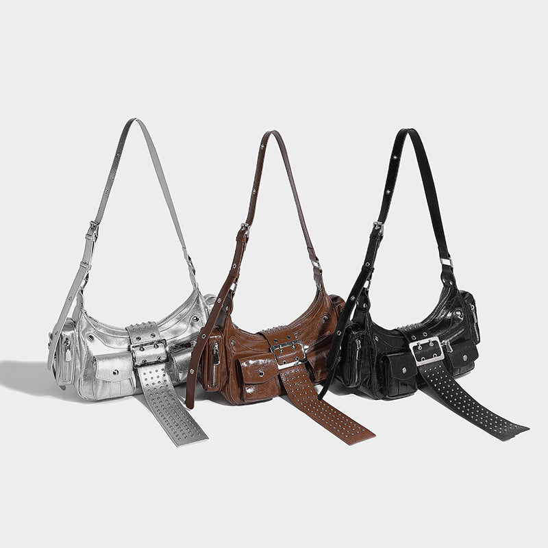 Beaira Trendy one shoulder underarm motorcycle bag niche punk style versatile for hot girls willow nail belt buckle handbag