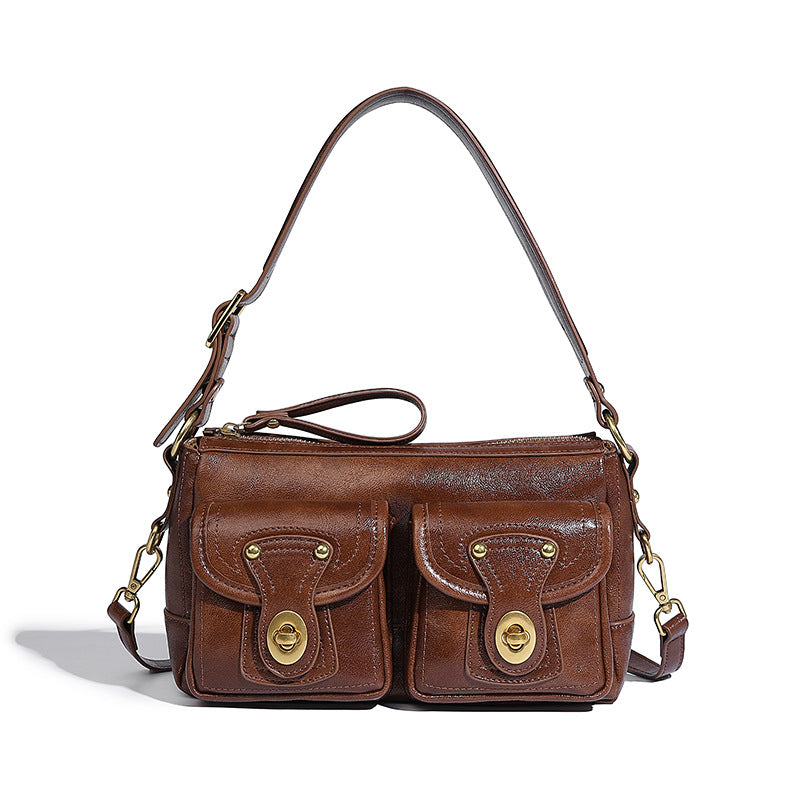 Beaira American retro niche design armpit bag double pocket handbag versatile for autumn and winter single shoulder sloping motorcycle bag