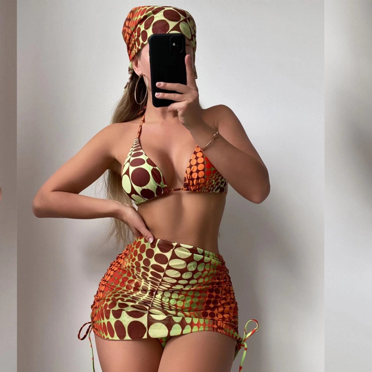Beaira European and American trade three-point bikini striped split swimsuit mesh hood skirt four piece set bikini sexy swimsuit