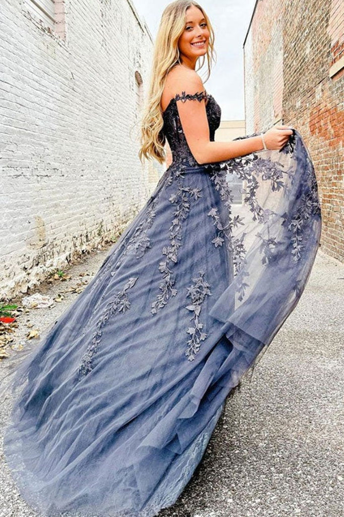 Off The Shoulder Prom Dresses A Line Sweetheart Tulle With Applique And Slit