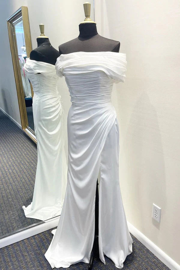 Off The Shoulder Satin Mermaid Lilac Pleated Slit Prom Dresses