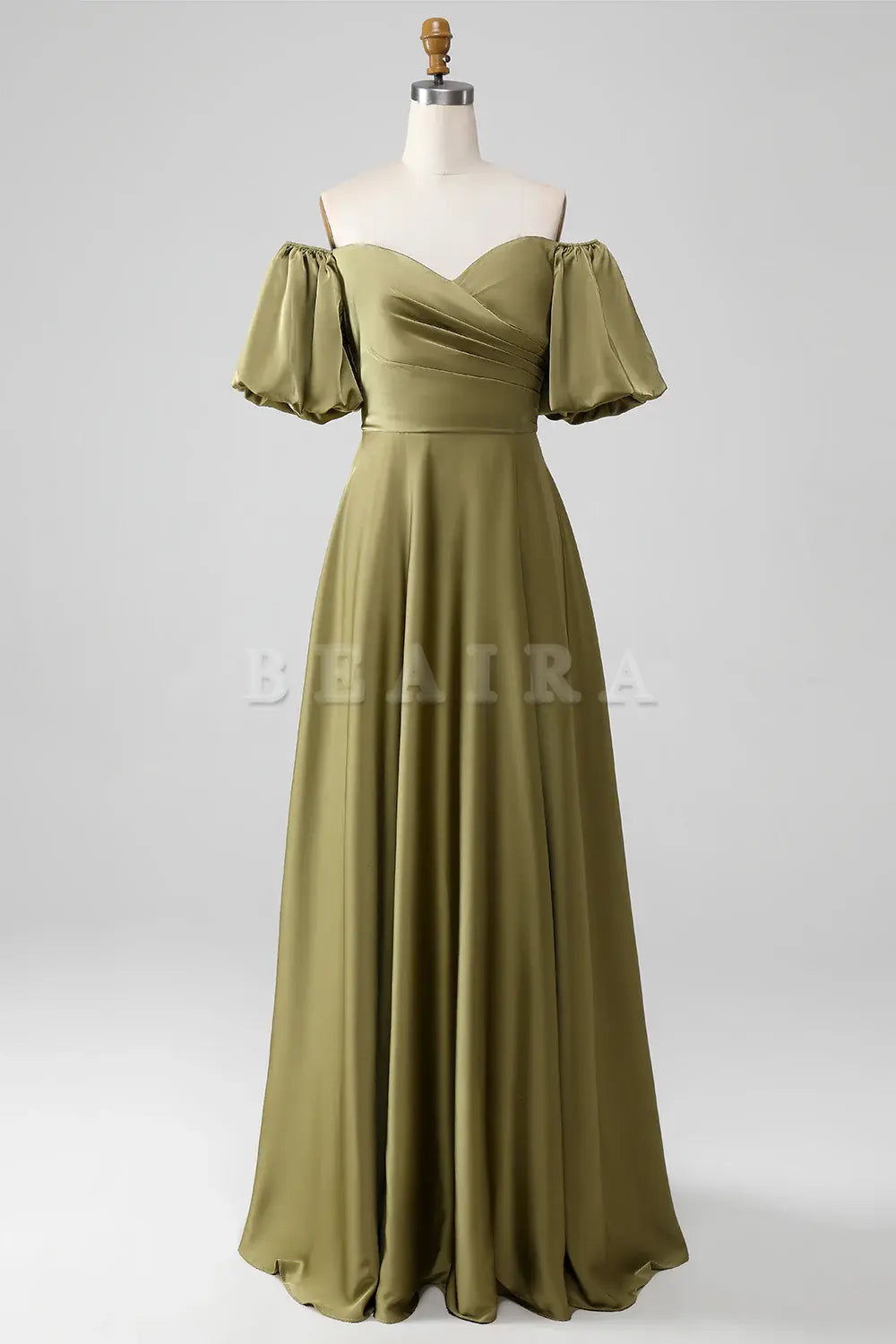 Beaira Olive A-Line Off The Shoulder Long Bridesmaid Dress with Short Sleeves Bridesmaid dress shop