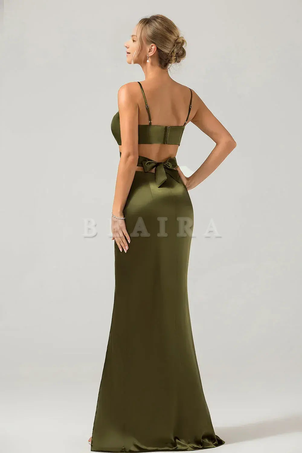 Beaira Olive Sheath Spaghetti Straps Cut Out Long Bridesmaid Dress with Slit Bridesmaid dress shop