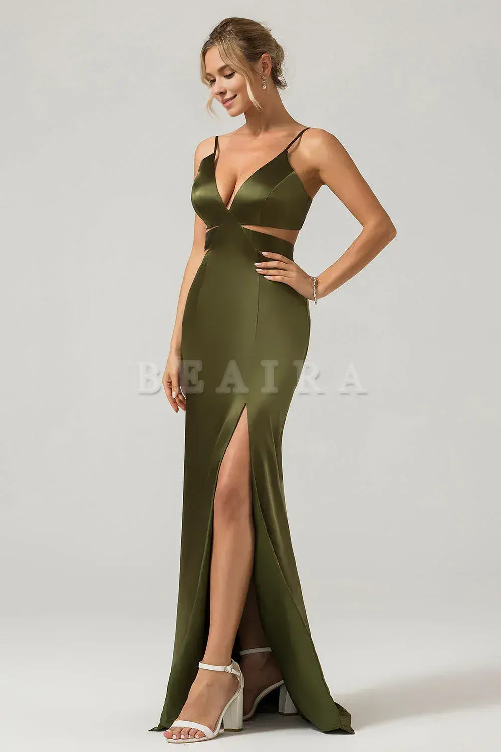 Beaira Olive Sheath Spaghetti Straps Cut Out Long Bridesmaid Dress with Slit Bridesmaid dress shop