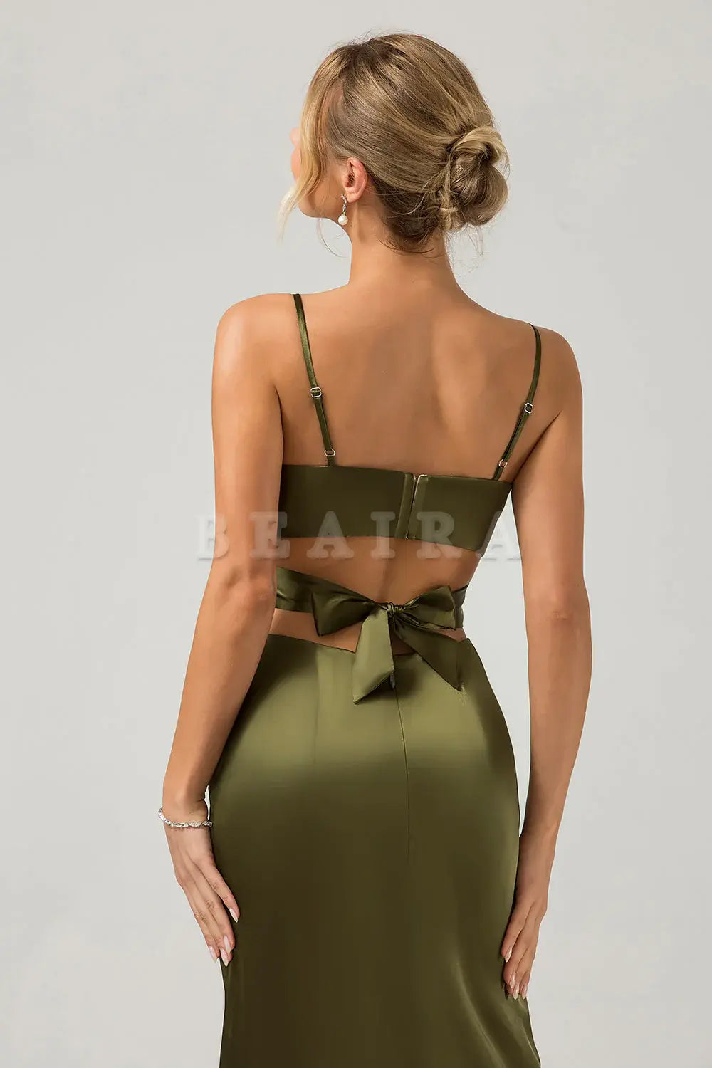 Beaira Olive Sheath Spaghetti Straps Cut Out Long Bridesmaid Dress with Slit Bridesmaid dress shop