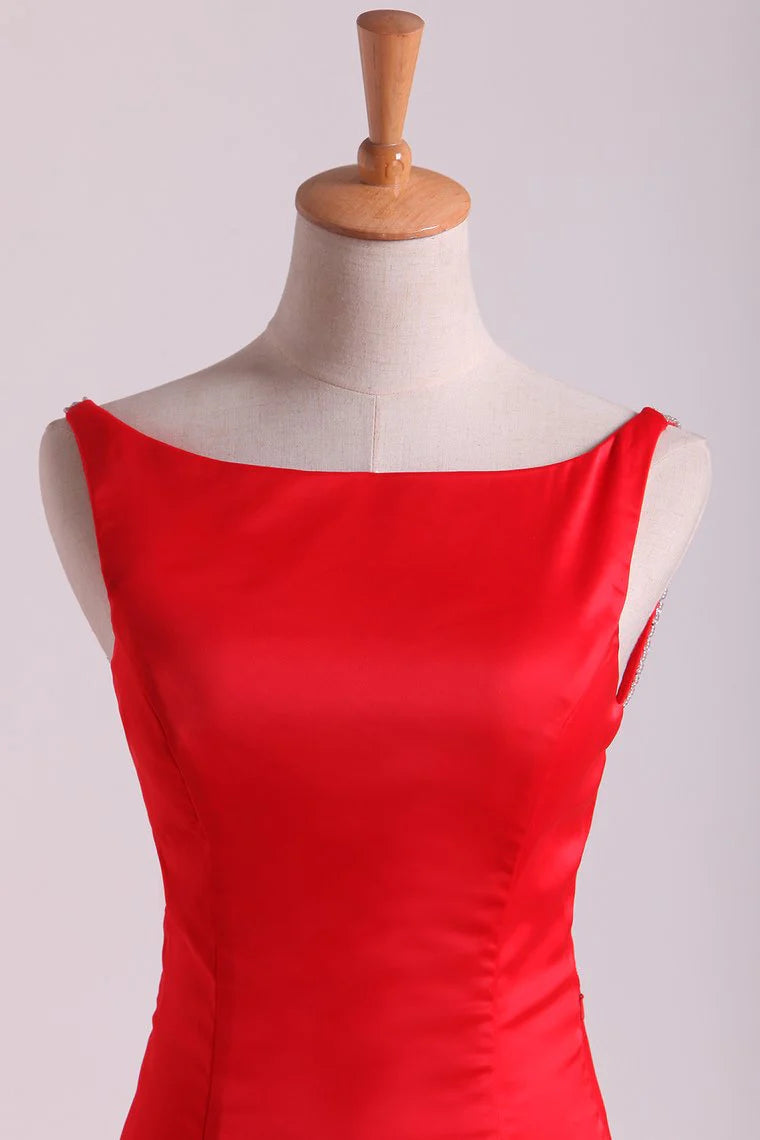 Open Back Party Dresses Stretch Satin Scoop Sweep Train