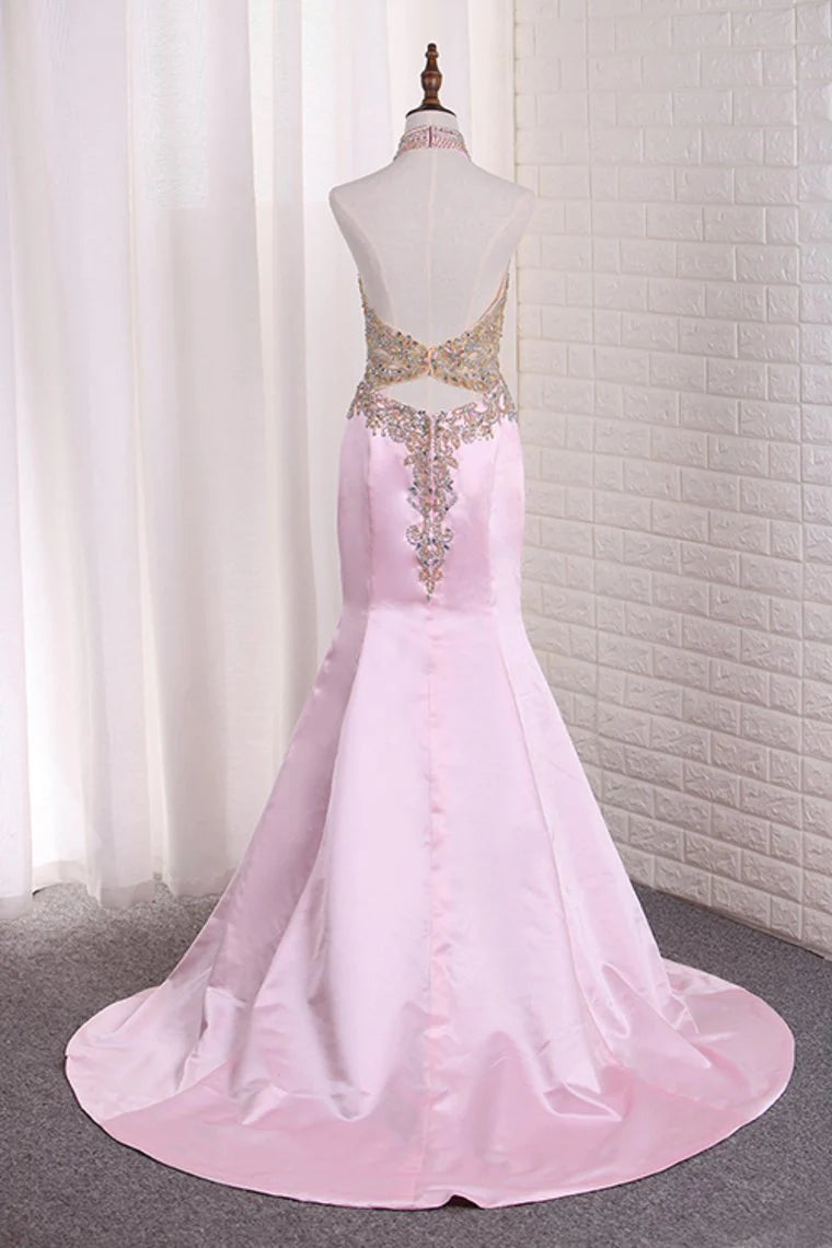 Party Dresses Mermaid See-Through Halter Beaded Bodice Satin
