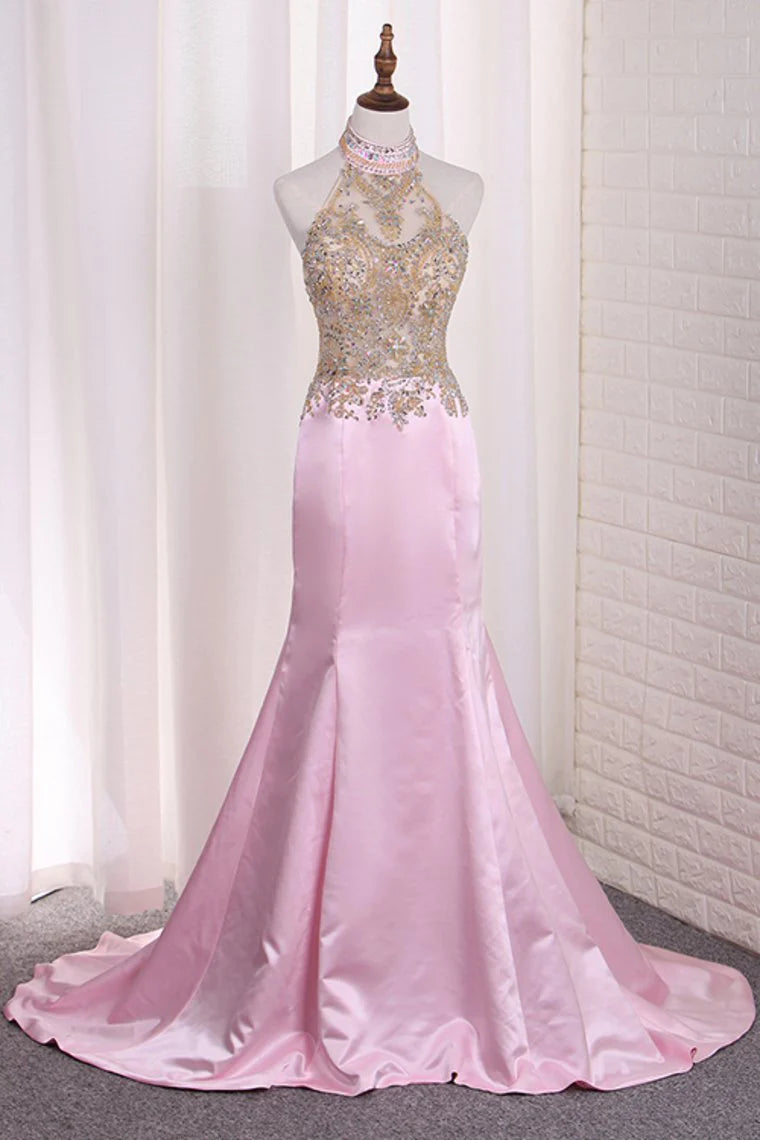 Party Dresses Mermaid See-Through Halter Beaded Bodice Satin