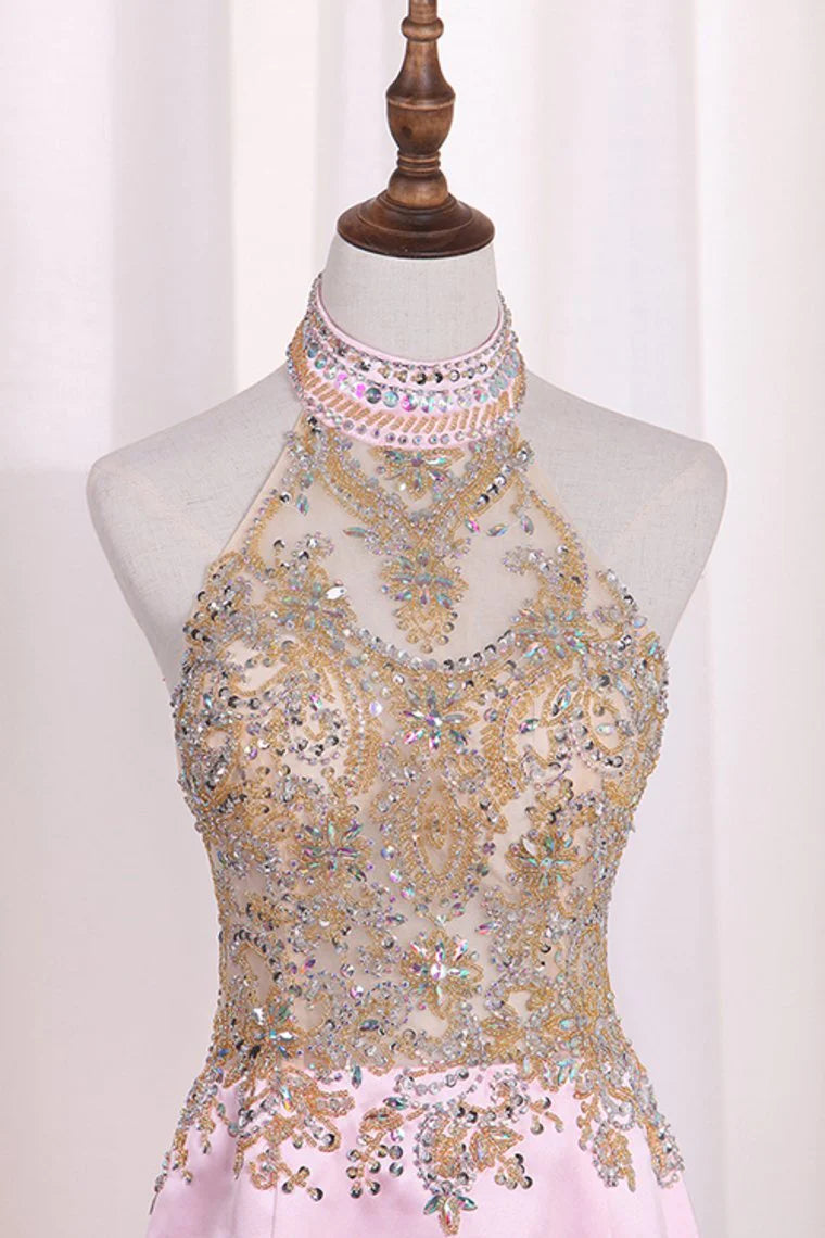 Party Dresses Mermaid See-Through Halter Beaded Bodice Satin