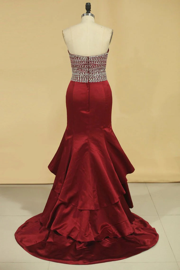 Party Dresses Mermaid Sweetheart Beaded Bodice Satin Sweep Train