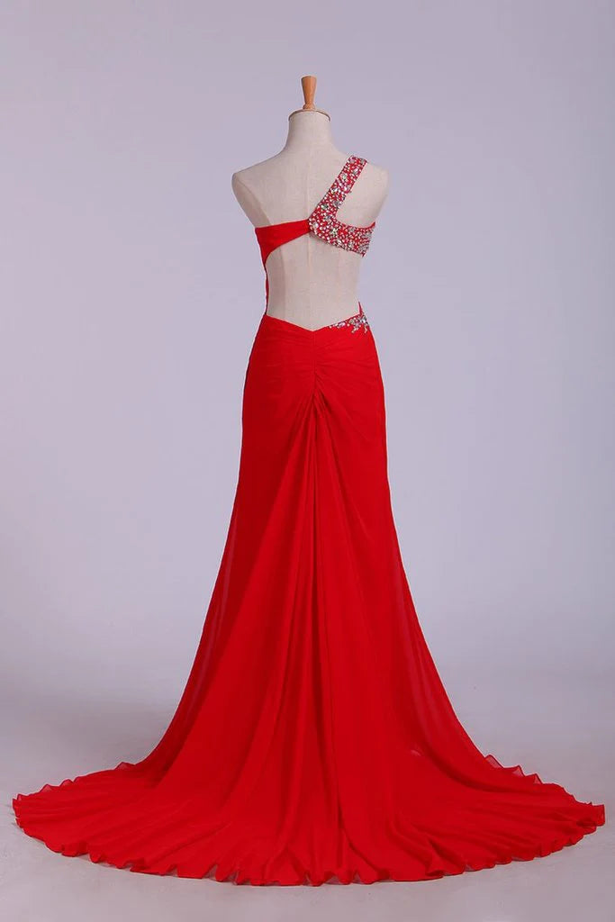Party Dresses Red One Shoulder Chiffon