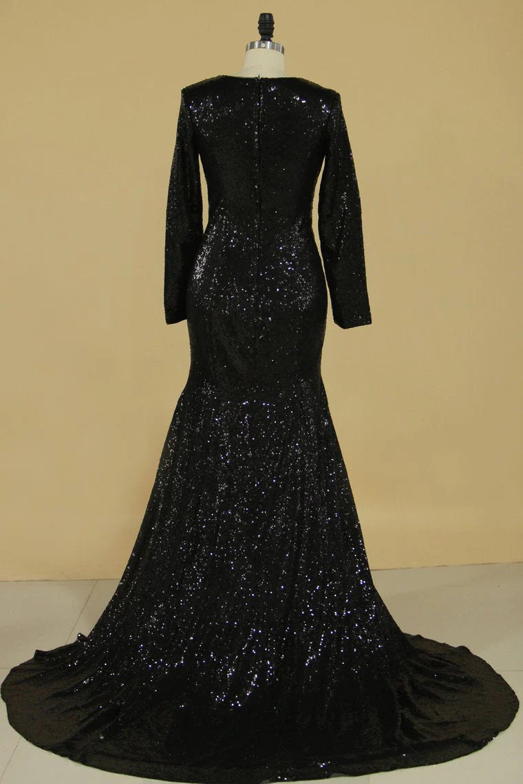 Party Dresses Scoop Long Sleeves Mermaid Sequins Zipper Up