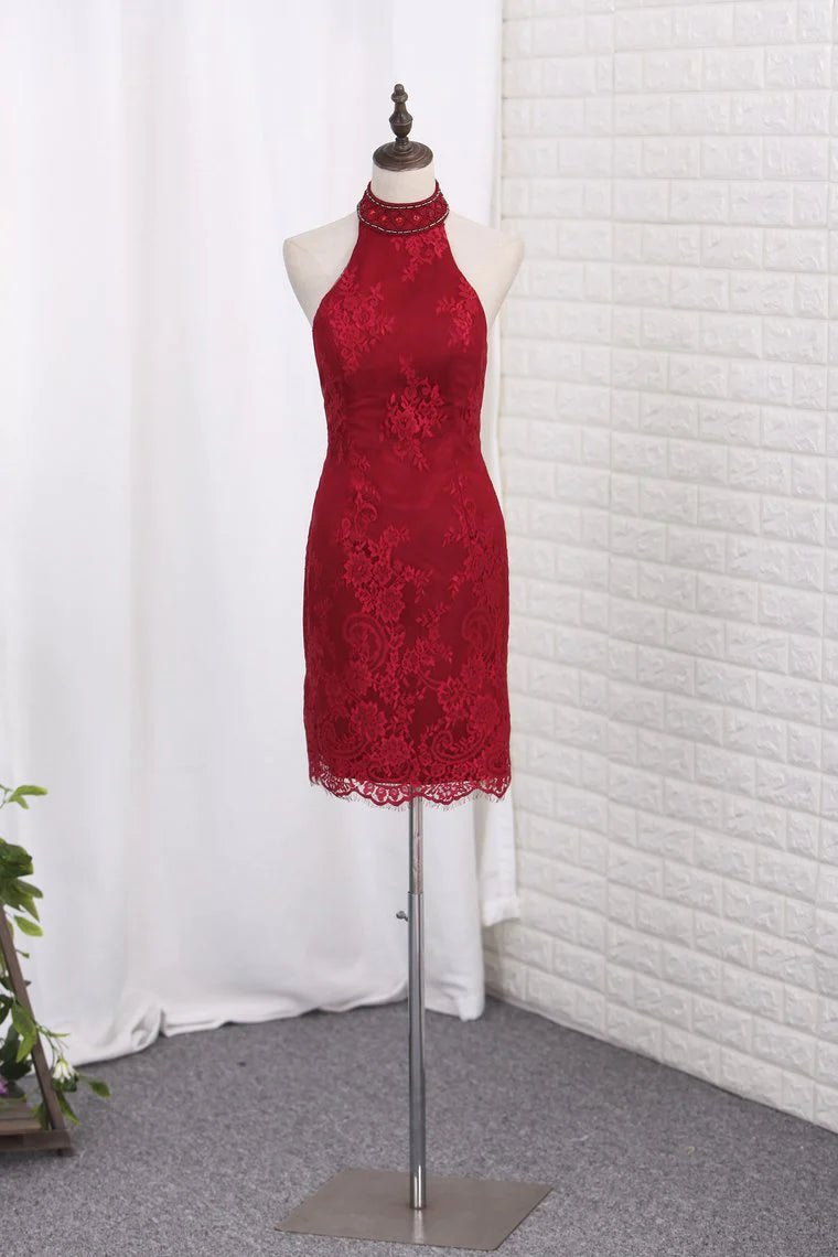 Party Dresses Sheath Halter Lace & Chiffon Sweep Train Detachable