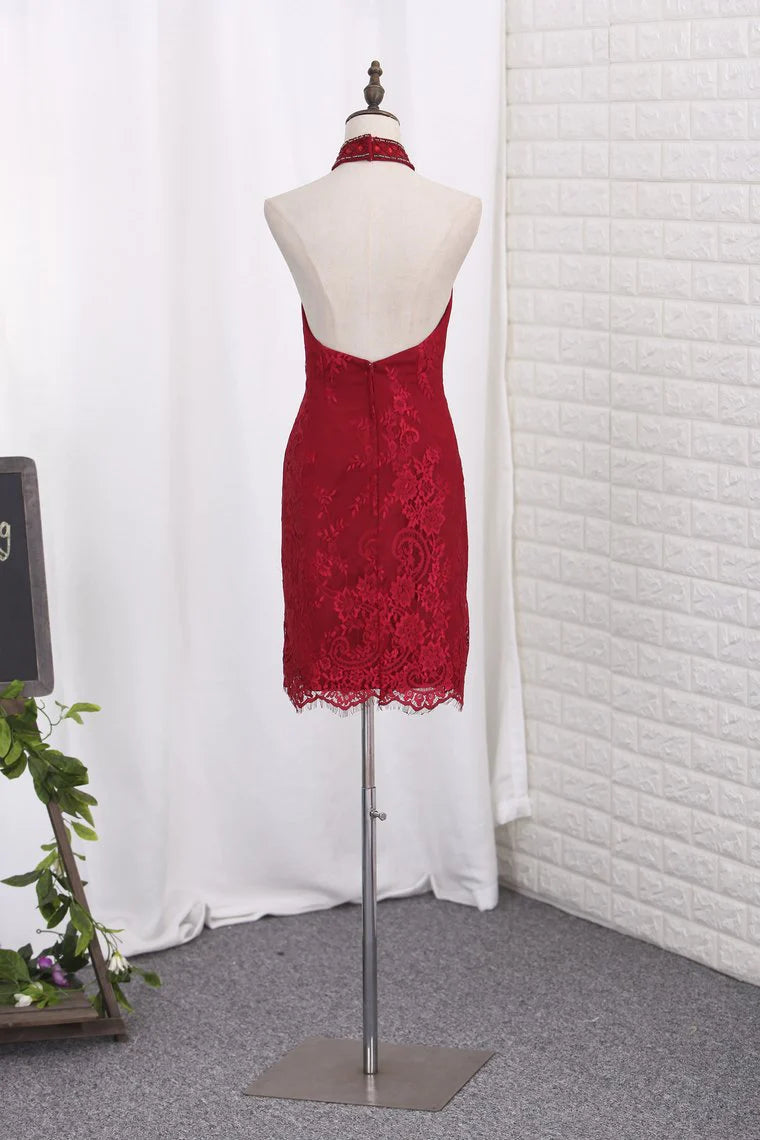 Party Dresses Sheath Halter Lace & Chiffon Sweep Train Detachable