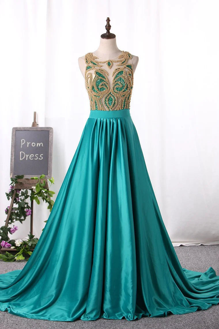 Party Dresses Stretch Satin A Line Scoop Beaded Bodice