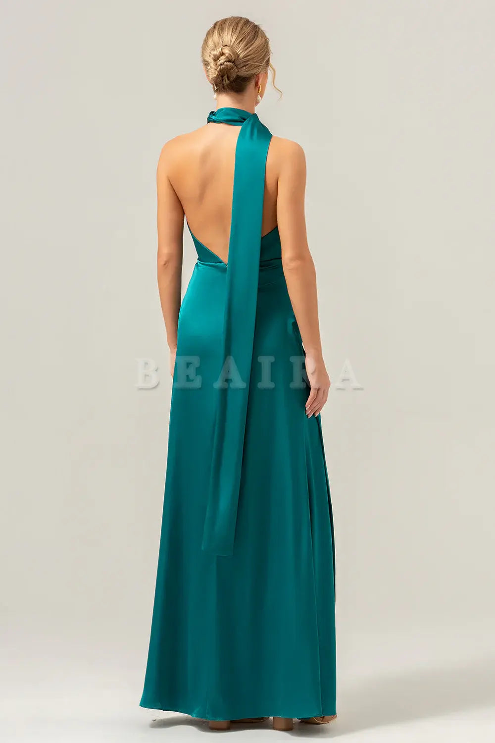 Beaira Peacock Sheath Deep V Neck Open Back Long Satin Bridesmaid Dress with Streamer Bridesmaid dress shop 