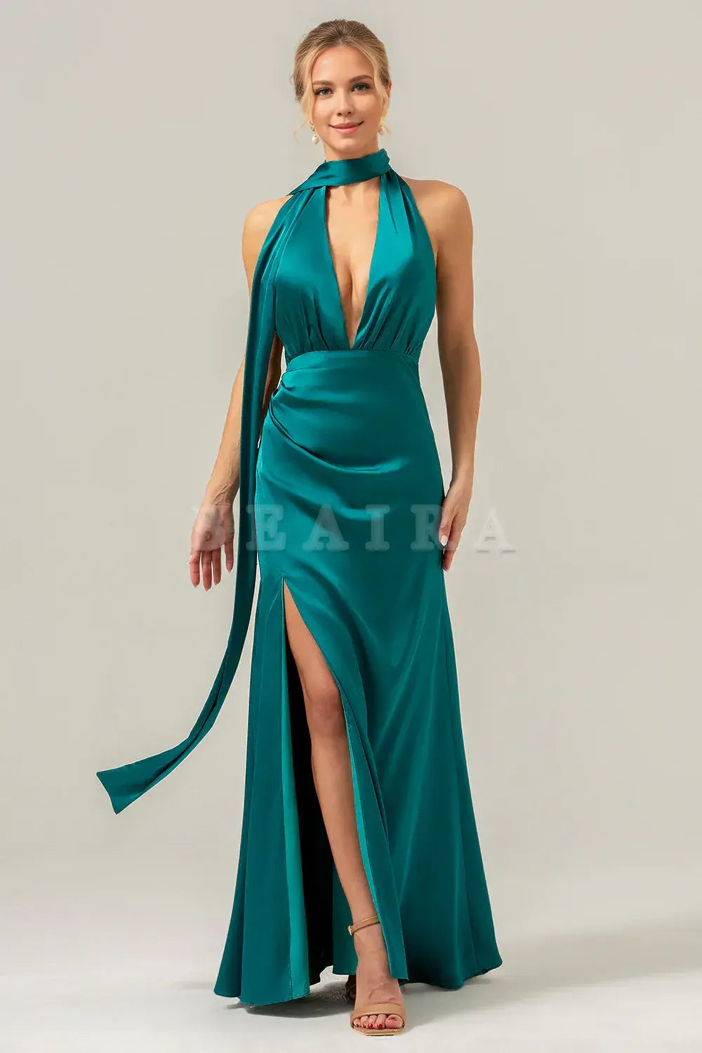 Beaira Peacock Sheath Deep V Neck Open Back Long Satin Bridesmaid Dress with Streamer Bridesmaid dress shop 