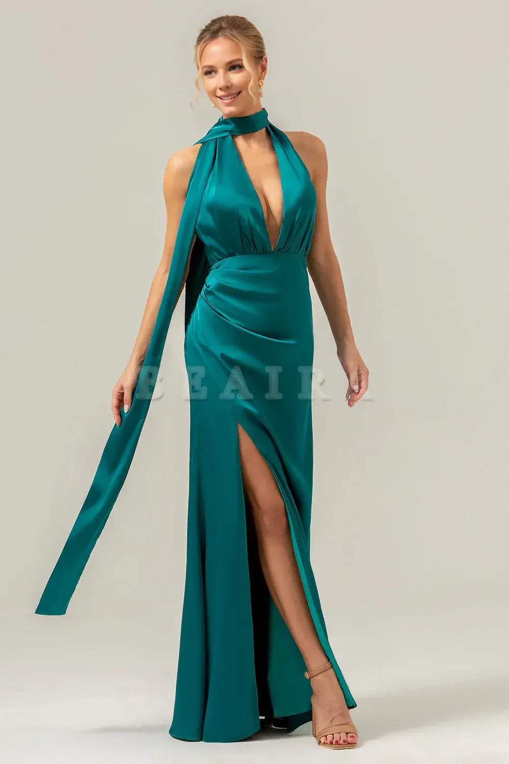 Beaira Peacock Sheath Deep V Neck Open Back Long Satin Bridesmaid Dress with Streamer Bridesmaid dress shop 