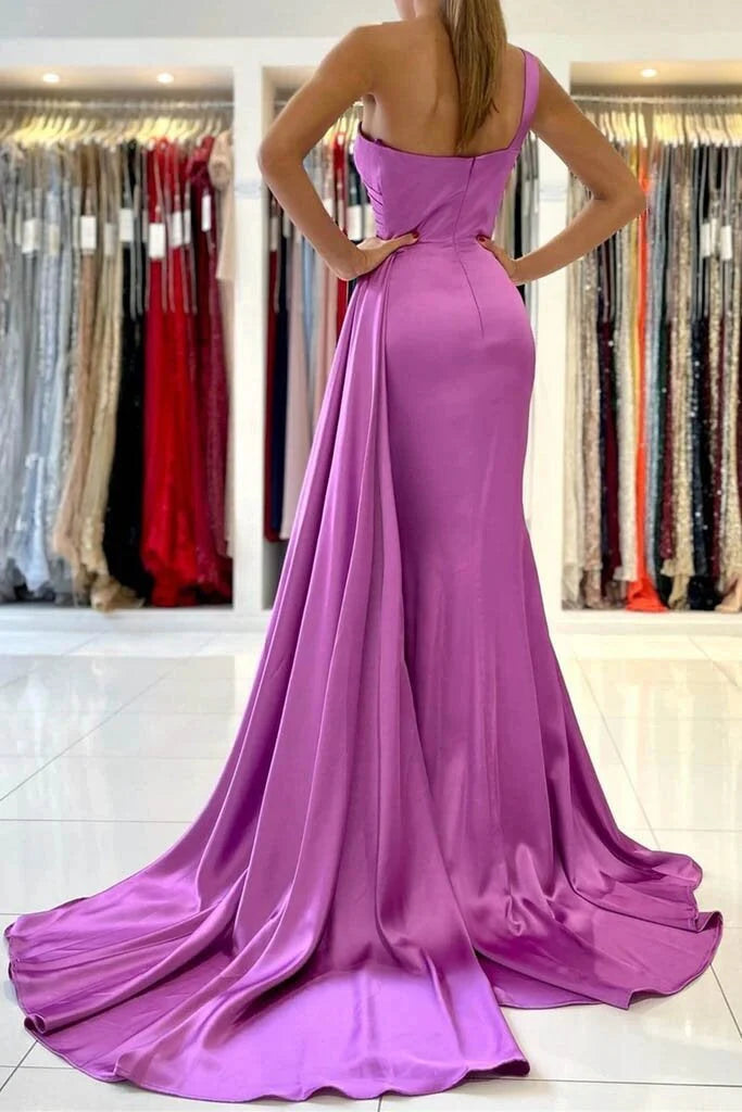 Pink Mermaid Satin One Shoulder Ruched Shawl Trumpet Prom Dresses Sexy Formal Dresses