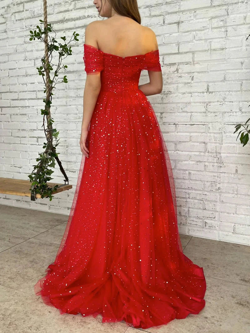 A Line Red Long Off The Shoulder Prom Dresses With Sequins