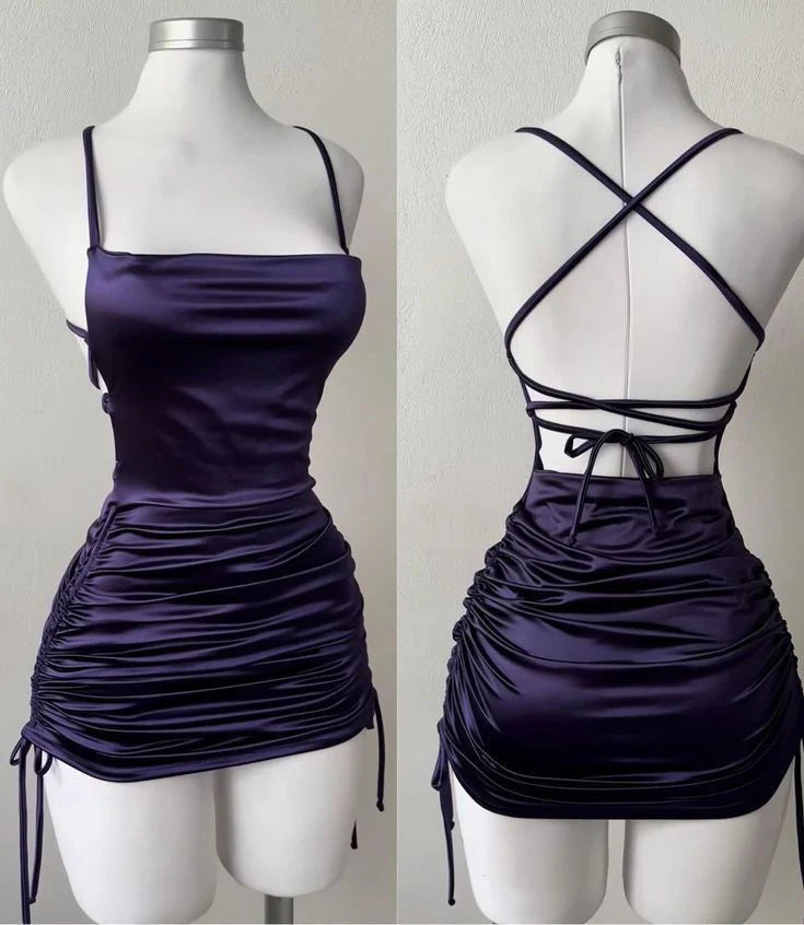 Beaira Pretty Sheath Straps Navy Blue Short Prom Dresses Backless Homecoming Dress