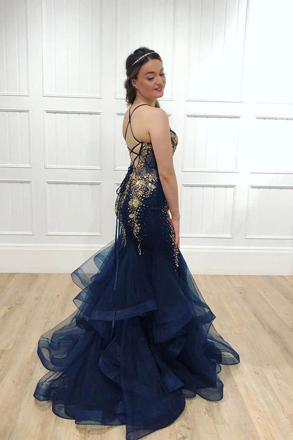 Prom Dress Spaghetti Straps Mermaid With Beaded Crystal Tulle Plus Size Evening Dresses