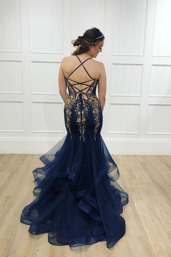 Prom Dress Spaghetti Straps Mermaid With Beaded Crystal Tulle Plus Size Evening Dresses