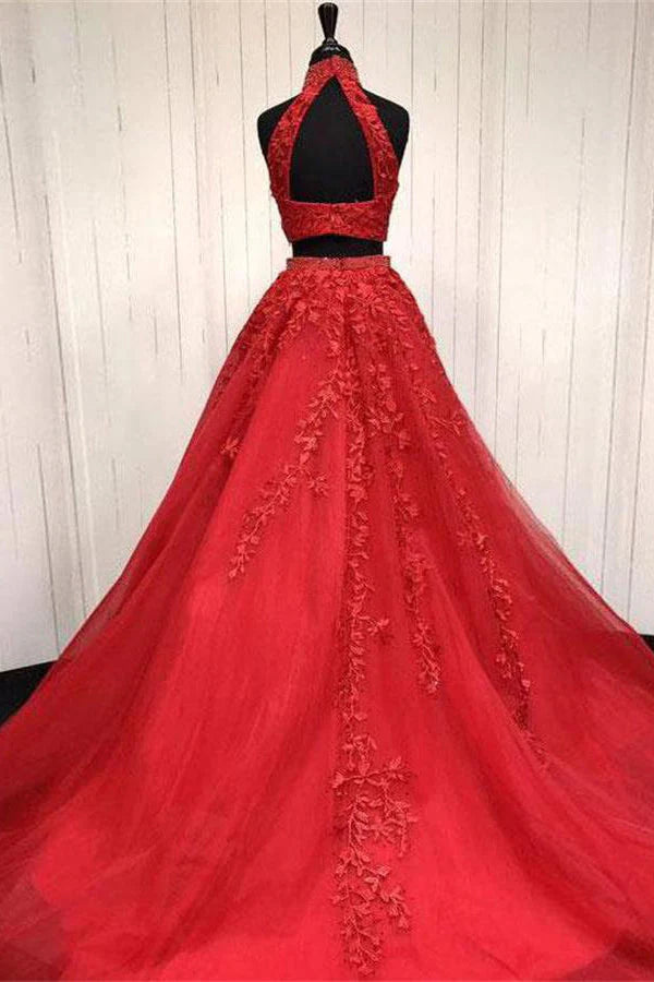 A Line Beaded Appliqued Floor-Length Tulle Prom Dresses