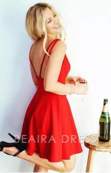 Beaira A-line Red Straps Satin Backless Short Prom Dress Homecoming Dress formal wear dresses
