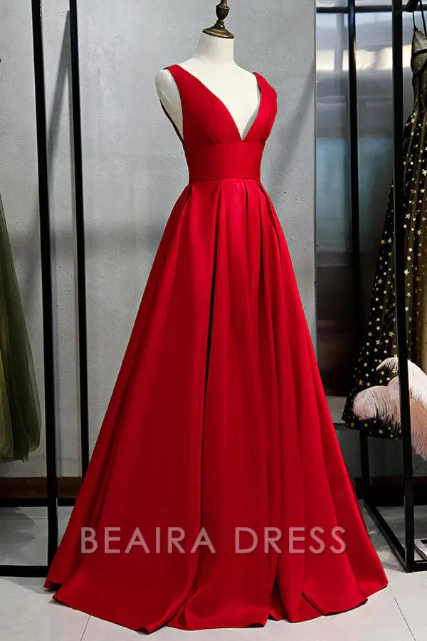 Beaira Elegant Sexy Plunging Red Backless Evening Prom Dresses formal wear dresses - Red