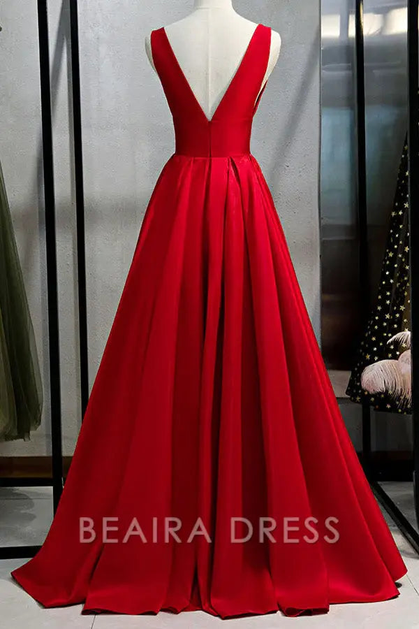 Beaira Elegant Sexy Plunging Red Backless Evening Prom Dresses formal wear dresses - Red