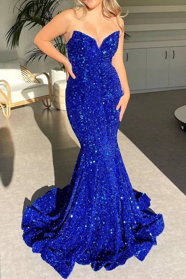 Beaira Royal Blue Sparkly Sequin Strapless Long Corset Prom Dress - Royal Blue