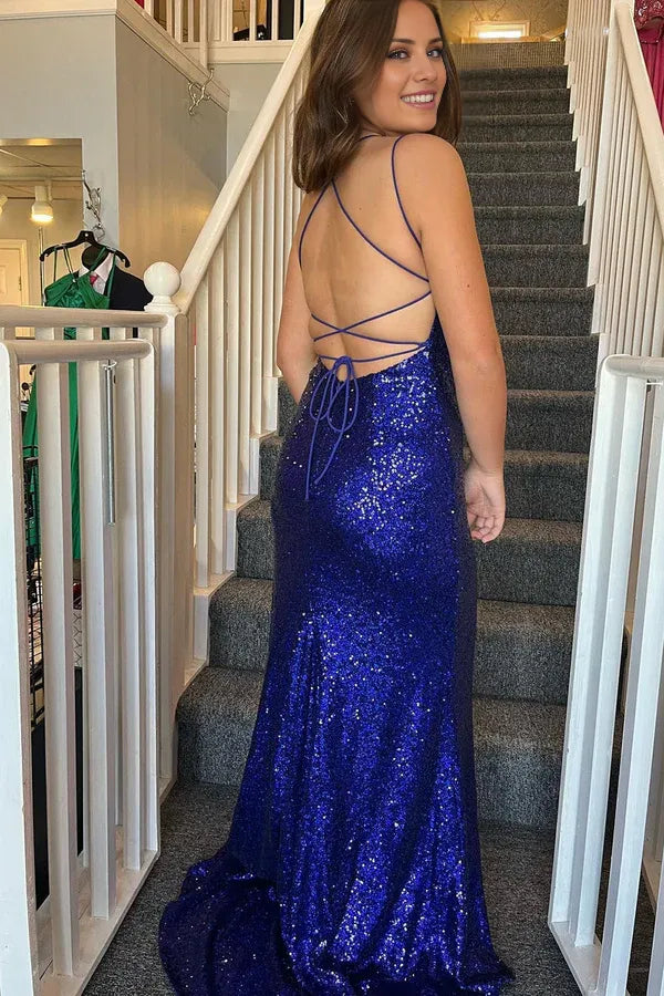 Beaira Mermaid Spaghetti Straps Royal Blue Sequins Long Prom Dress with Split Front - Royal Blue
