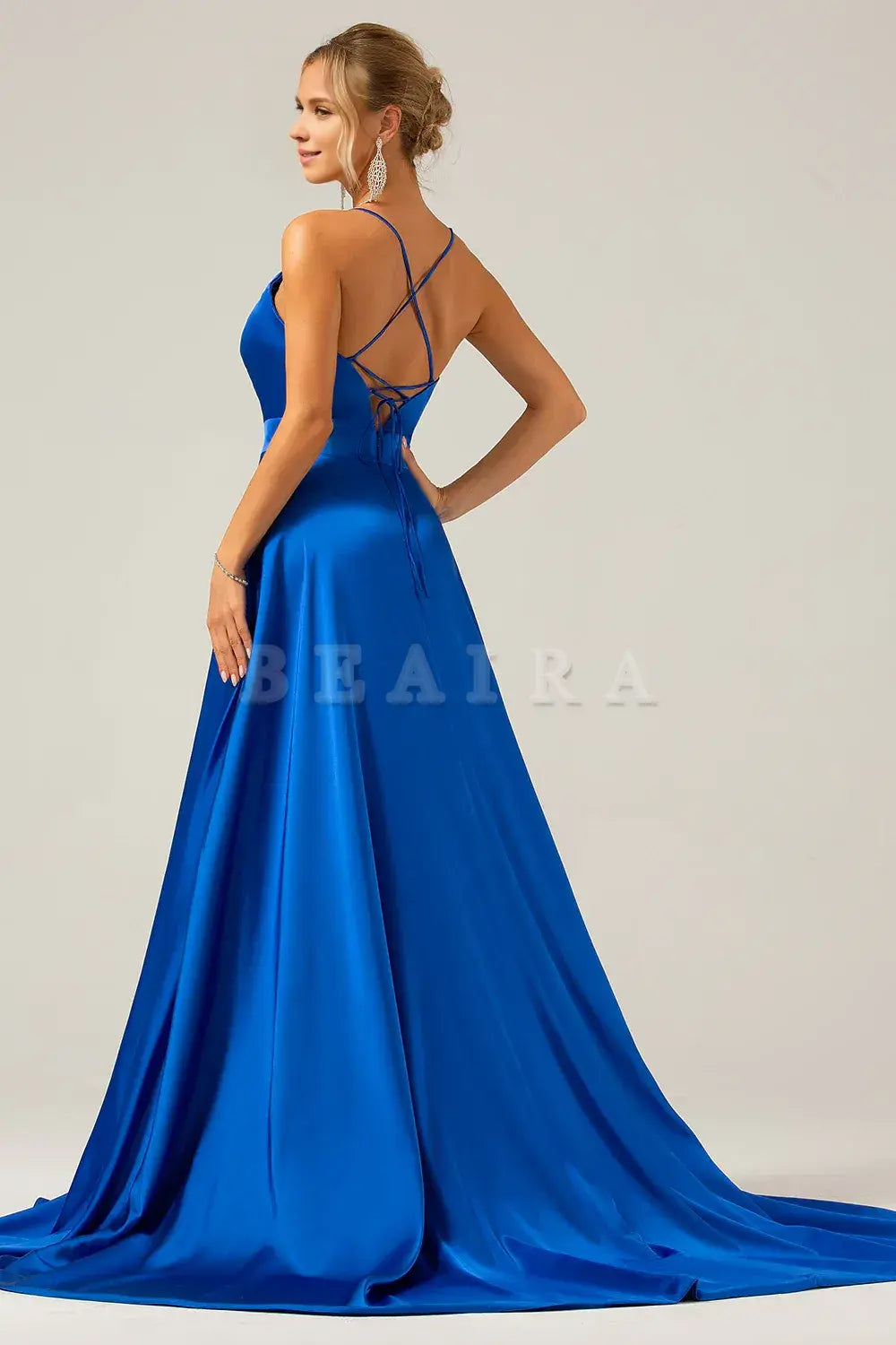 Beaira Royal Blue A Line V Neck Pleated Satin Maxi Dress with Slit Bridesmaid dress shop