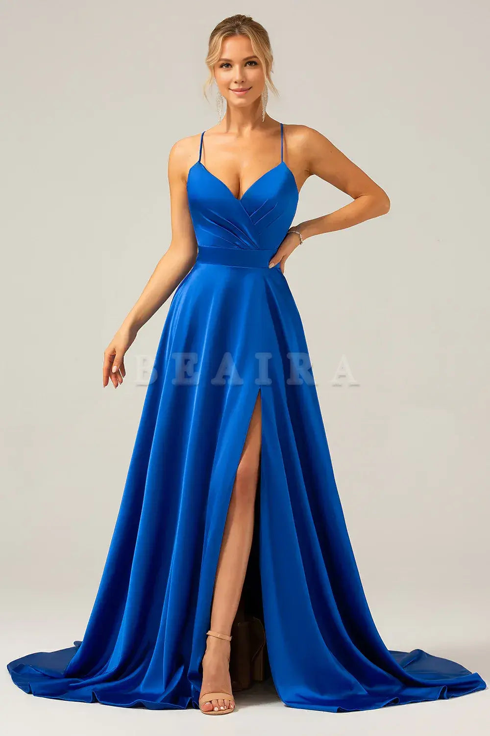 Beaira Royal Blue A Line V Neck Pleated Satin Maxi Dress with Slit Bridesmaid dress shop
