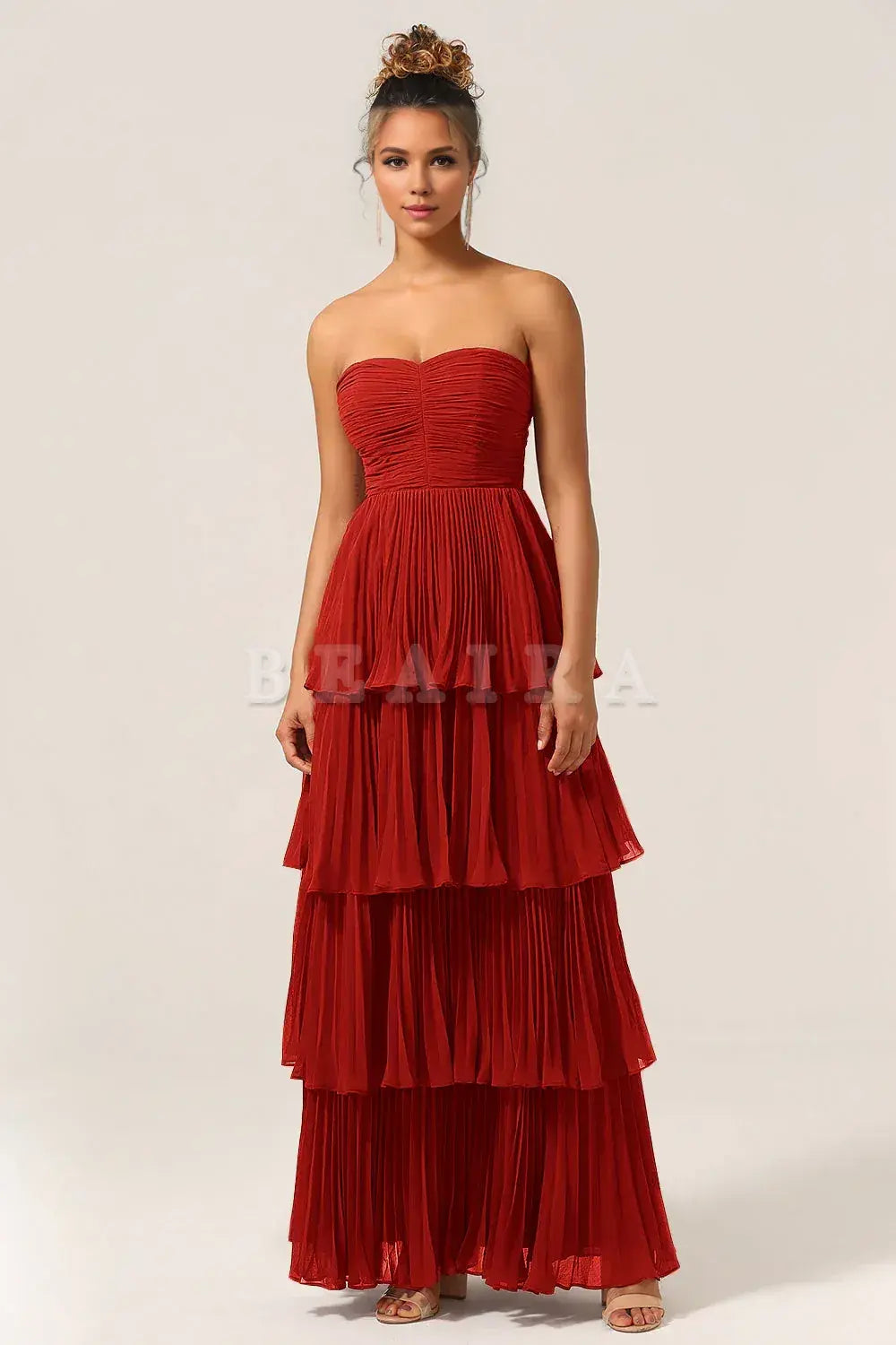 Beaira Rust A-Line Sweetheart Tiered Floor Length Chiffon Bridesmaid Dress Bridesmaid dress shop