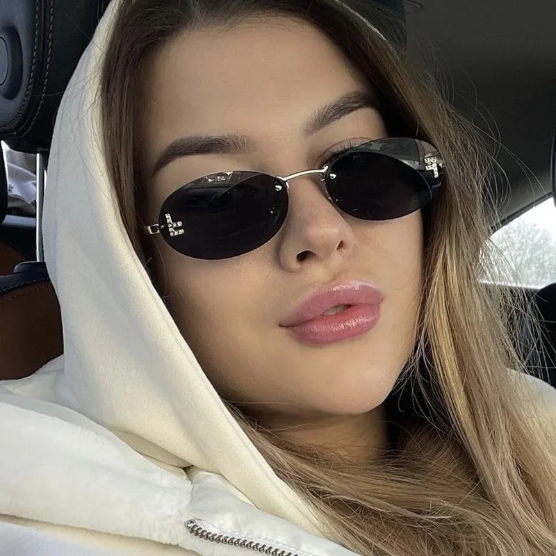 Beaira Fashion Retro Oval Rimless Sunglasses for Women Elegant Diamond Oval Sunglasses Male Letter "F" Rimless Sunglasses Female