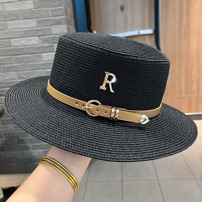 Beaira Summer Flat Top Straw Hats for Women New Metal R Letter Fashion Beach Sunshade Visors Sun Hat Females Travel Holidays Boater Hat