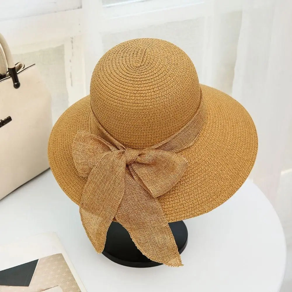 Beaira New Summer Women Sun Hat Casual Fashion Bowtie Fisherman Hat Straw Hat with Bow Ribbon Travel Beach Hat