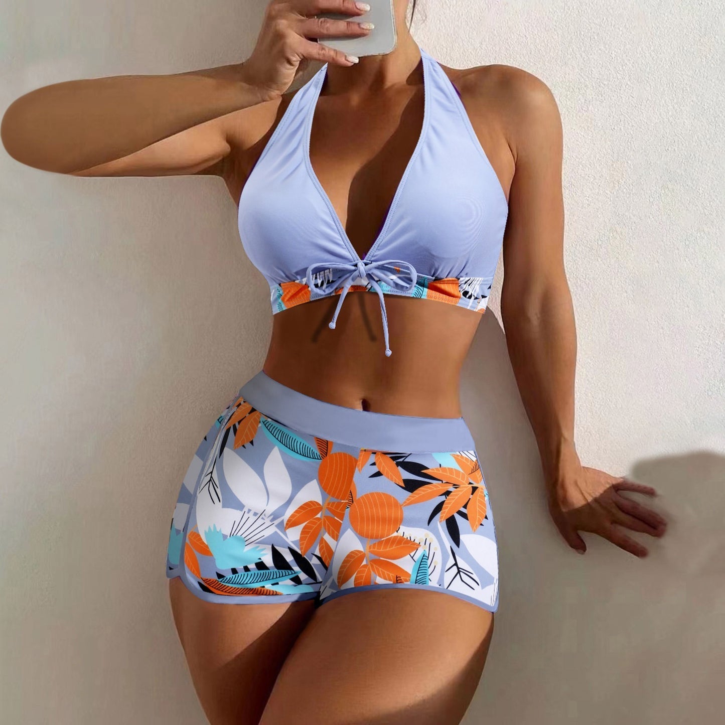 Beaira Shorts Bikinis Set High Waist Swimsuit Women Swimwear 2 Pieces Plant Print Bathers Bathing Swim Suit Beachwear