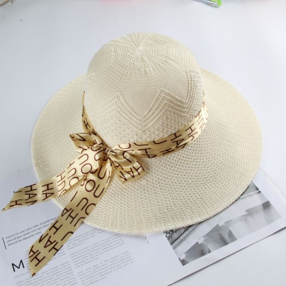 Beaira New Summer Women Sun Hat Casual Fashion Bowtie Fisherman Hat Straw Hat with Bow Ribbon Travel Beach Hat