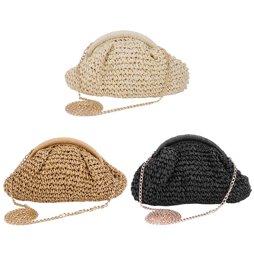 Beaira Women Straw Woven Bag Chain Strap Straw Clutch Purse Large Capacity Stylish Crossbody Bag Solid Color for Summer Beach