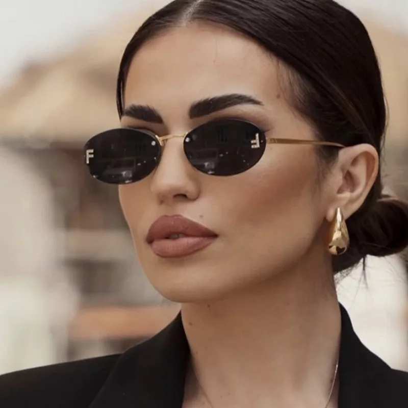 Beaira Fashion Retro Oval Rimless Sunglasses for Women Elegant Diamond Oval Sunglasses Male Letter "F" Rimless Sunglasses Female
